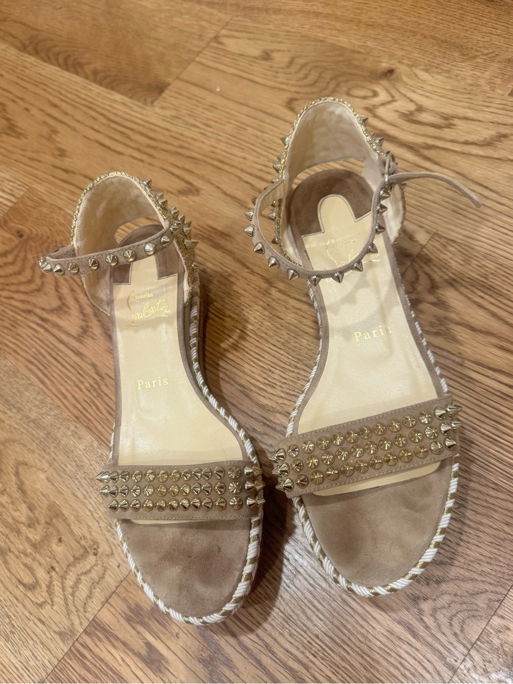 Christian Louboutin Taupe Suede Studded Ankle-Strap Sandals